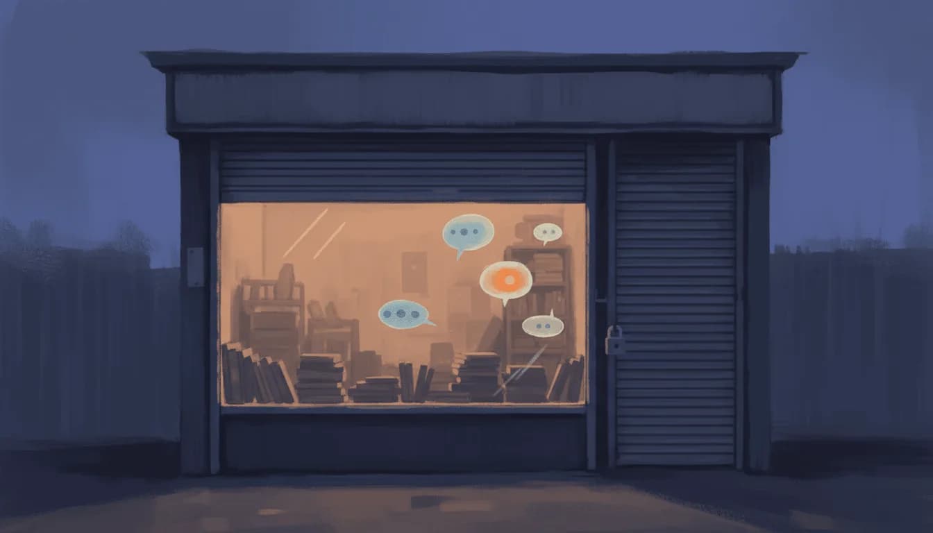 A shuttered shopfront at night, lit from within, with unread messages drifting at the dark window.